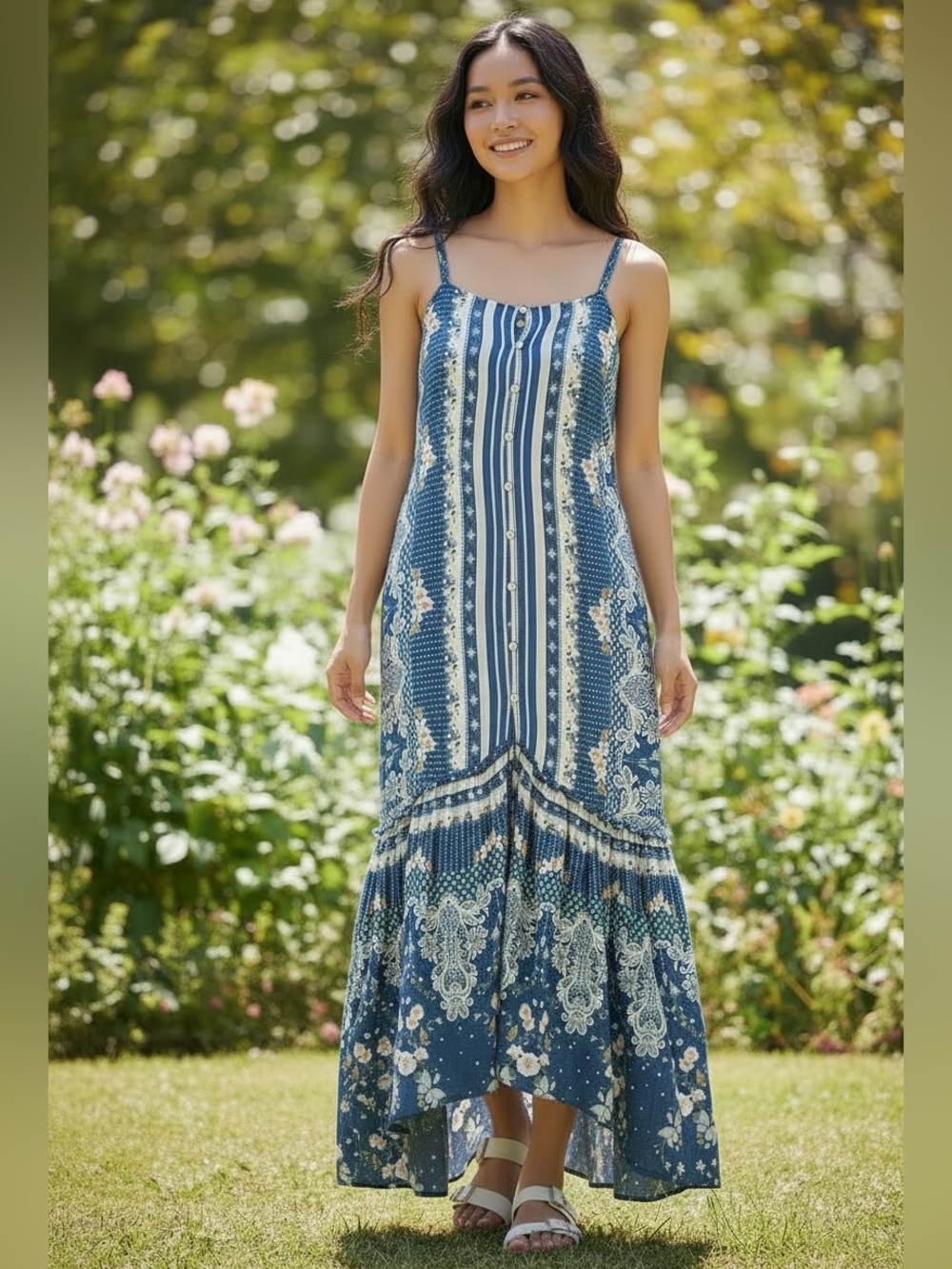 FARM Rio Floral Lace Print Blue Yellow  Dress with High Low Hem Medium